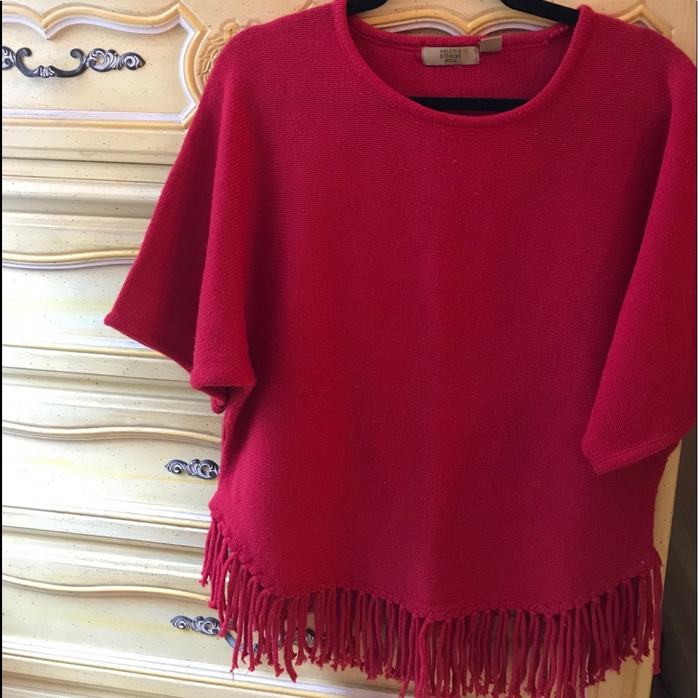 Red sweater with fringe by Valerie Stevens